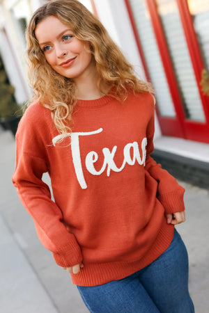 Game Day Burnt Orange "Texas" Embroidery Pop Up Sweater - Coeur de la Mode