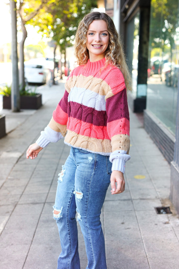 Fall For You Rust Multicolor Stripe Cable Knit Mock Neck Sweater - Coeur de la Mode