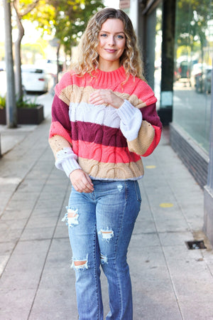 Fall For You Rust Multicolor Stripe Cable Knit Mock Neck Sweater - Coeur de la Mode