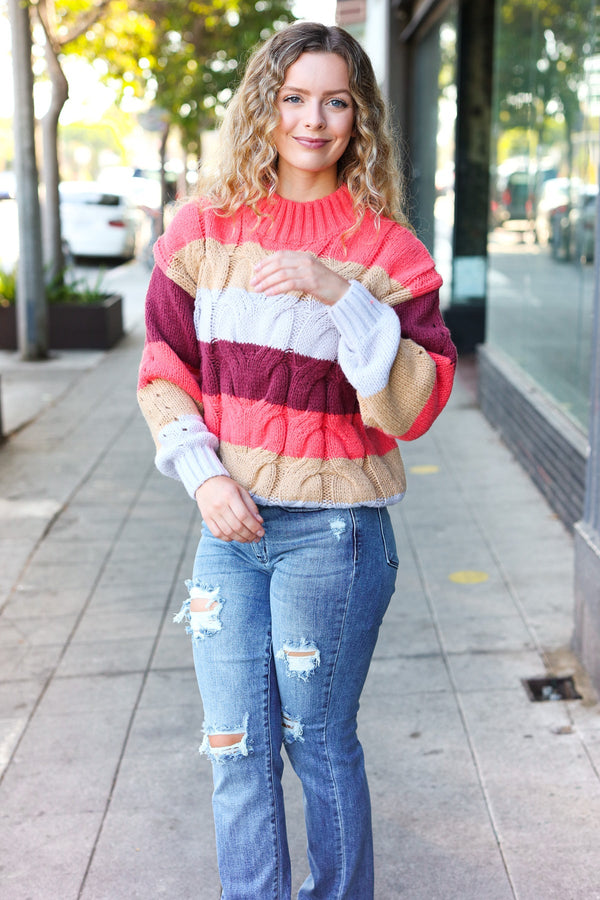 Fall For You Rust Multicolor Stripe Cable Knit Mock Neck Sweater - Coeur de la Mode