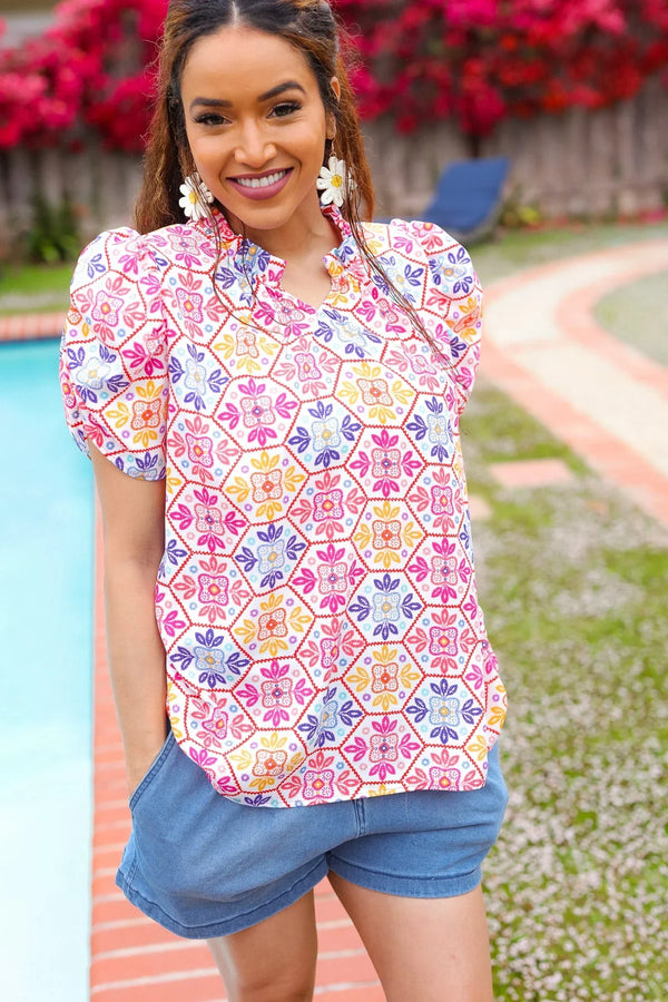 Beautiful You Ivory Floral Lace Frill Notch Neck Puff Sleeve Top - Coeur de la Mode