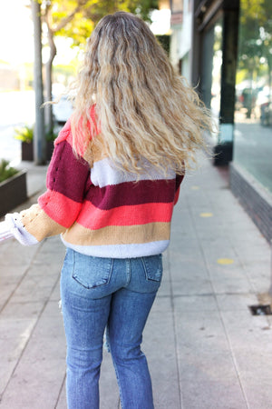Fall For You Rust Multicolor Stripe Cable Knit Mock Neck Sweater - Coeur de la Mode