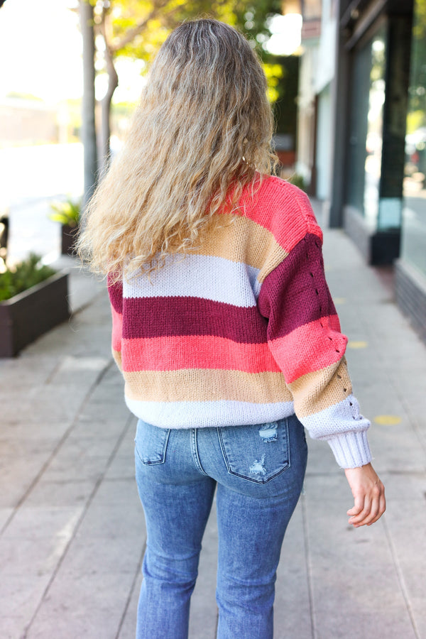 Fall For You Rust Multicolor Stripe Cable Knit Mock Neck Sweater - Coeur de la Mode