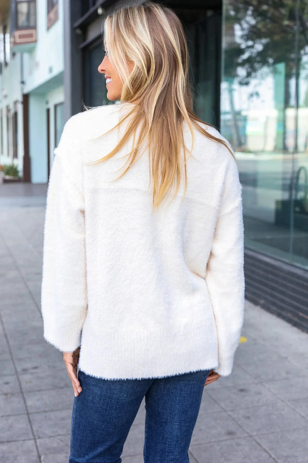 Classic Elegance Ivory Fuzzy Soft Knit Sweater - Coeur de la Mode