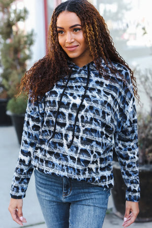 Casual Chic Blue & Black Animal Print Stripe Hoodie - Coeur de la Mode