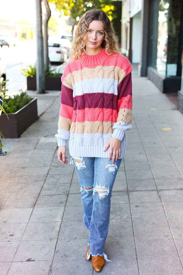 Fall For You Rust Multicolor Stripe Cable Knit Mock Neck Sweater - Coeur de la Mode