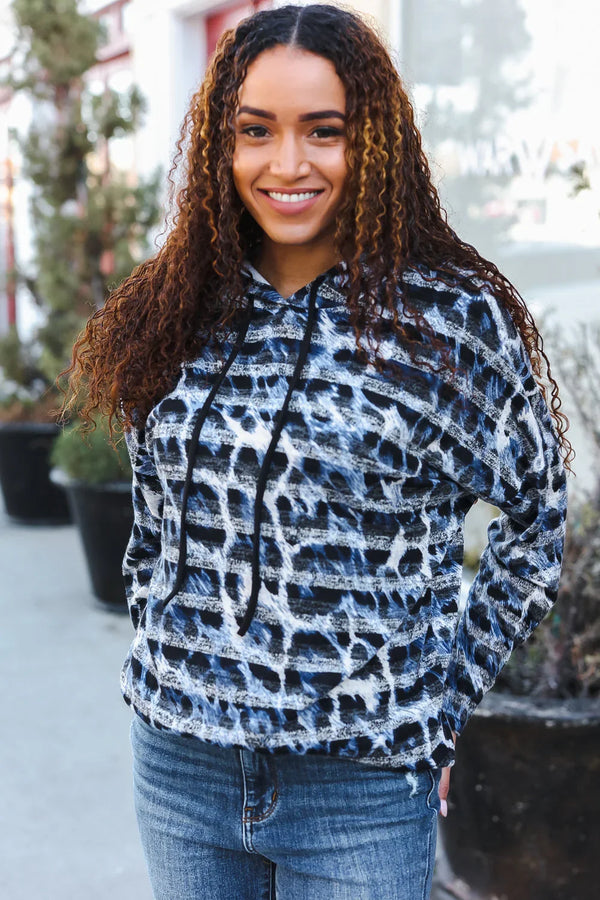 Casual Chic Blue & Black Animal Print Stripe Hoodie - Coeur de la Mode