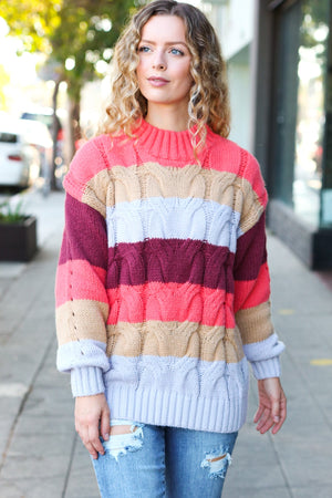 Fall For You Rust Multicolor Stripe Cable Knit Mock Neck Sweater - Coeur de la Mode