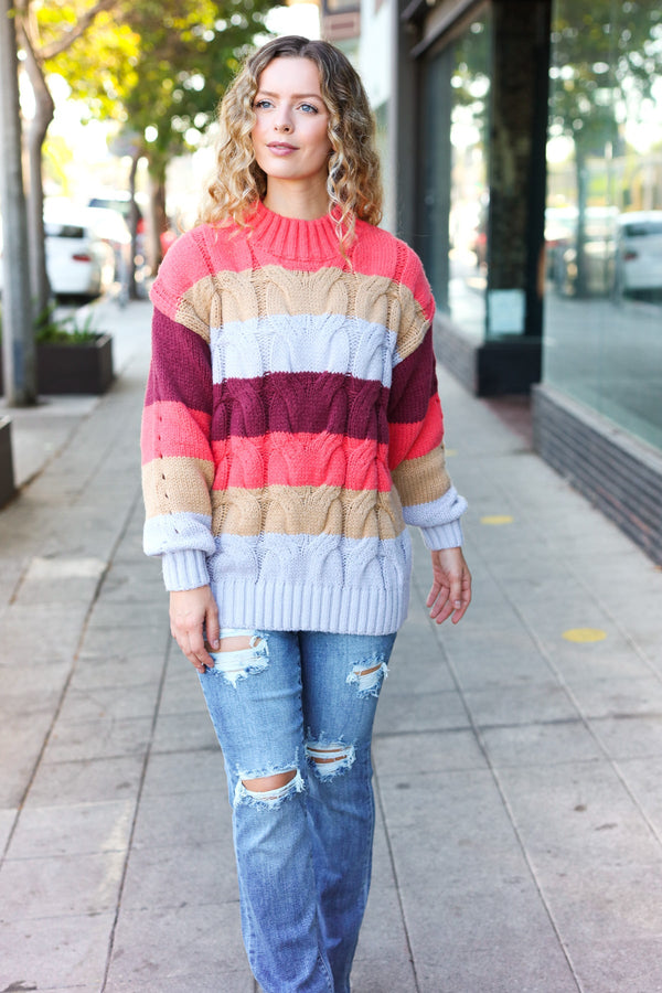 Fall For You Rust Multicolor Stripe Cable Knit Mock Neck Sweater - Coeur de la Mode