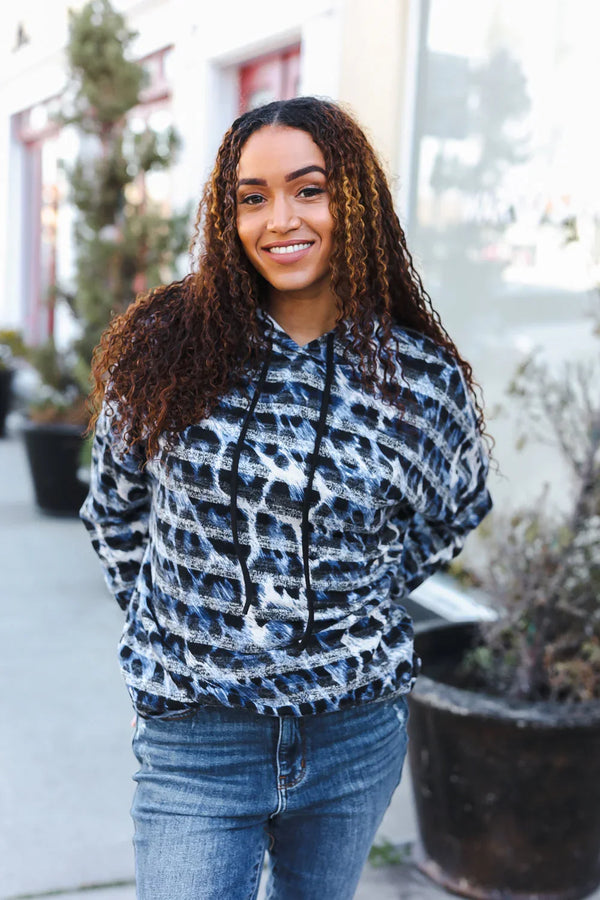 Casual Chic Blue & Black Animal Print Stripe Hoodie - Coeur de la Mode
