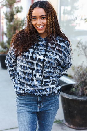 Casual Chic Blue & Black Animal Print Stripe Hoodie - Coeur de la Mode