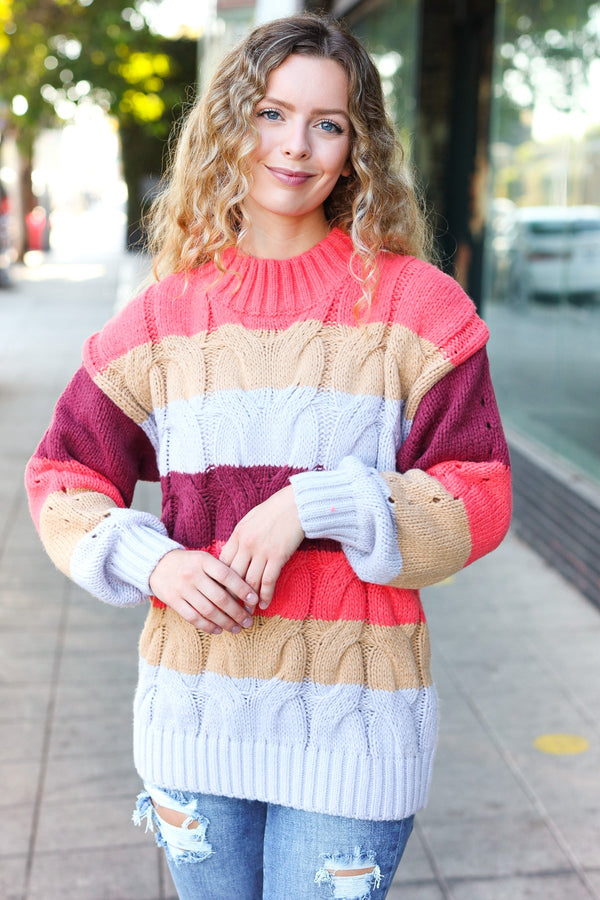 Fall For You Rust Multicolor Stripe Cable Knit Mock Neck Sweater - Coeur de la Mode