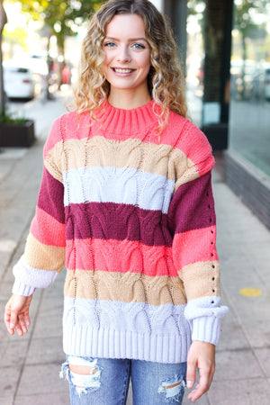 Fall For You Rust Multicolor Stripe Cable Knit Mock Neck Sweater - Coeur de la Mode