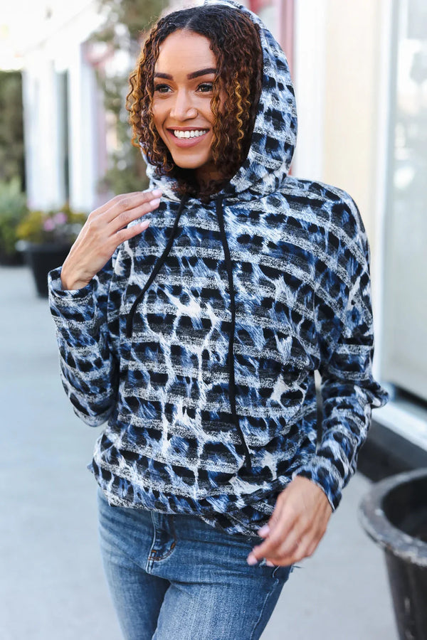 Casual Chic Blue & Black Animal Print Stripe Hoodie - Coeur de la Mode