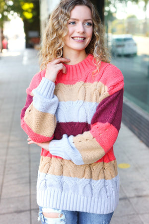 Fall For You Rust Multicolor Stripe Cable Knit Mock Neck Sweater - Coeur de la Mode