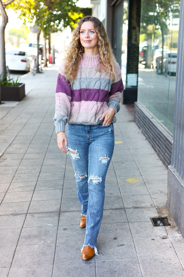 Fall For You Mauve Multicolor Stripe Cable Knit Mock Neck Sweater - Coeur de la Mode