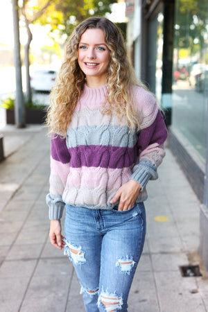 Fall For You Mauve Multicolor Stripe Cable Knit Mock Neck Sweater - Coeur de la Mode