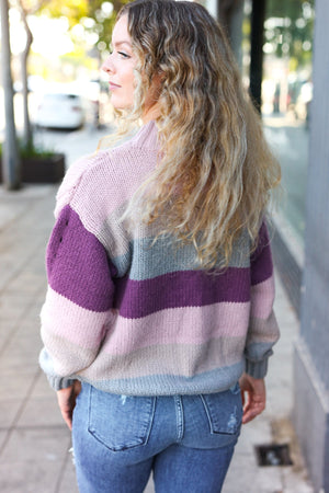 Fall For You Mauve Multicolor Stripe Cable Knit Mock Neck Sweater - Coeur de la Mode