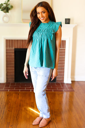 Love Life Cotton Turquoise Frill Mock Neck Flutter Sleeve Top - Coeur de la Mode