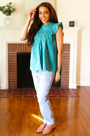 Love Life Cotton Turquoise Frill Mock Neck Flutter Sleeve Top - Coeur de la Mode