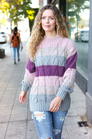 Fall For You Mauve Multicolor Stripe Cable Knit Mock Neck Sweater - Coeur de la Mode