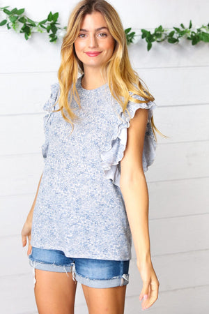 Washed Blue Floral Tiered Flutter Sleeve Top - Coeur de la Mode
