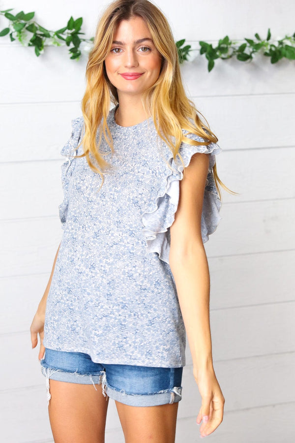 Washed Blue Floral Tiered Flutter Sleeve Top - Coeur de la Mode
