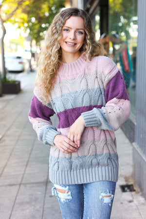 Fall For You Mauve Multicolor Stripe Cable Knit Mock Neck Sweater - Coeur de la Mode