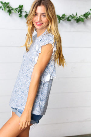 Washed Blue Floral Tiered Flutter Sleeve Top - Coeur de la Mode