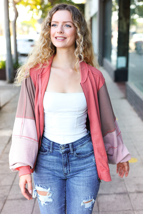 Boldy You Camel Dolman Sleeve Colorblock Knit Bomber Jacket - Coeur de la Mode