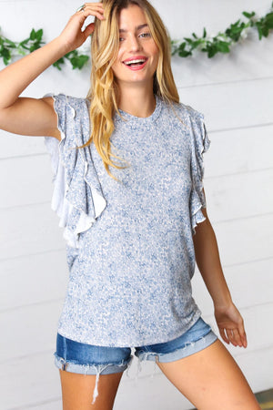 Washed Blue Floral Tiered Flutter Sleeve Top - Coeur de la Mode
