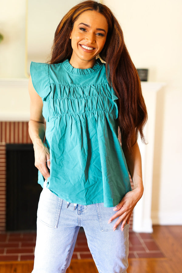 Love Life Cotton Turquoise Frill Mock Neck Flutter Sleeve Top - Coeur de la Mode