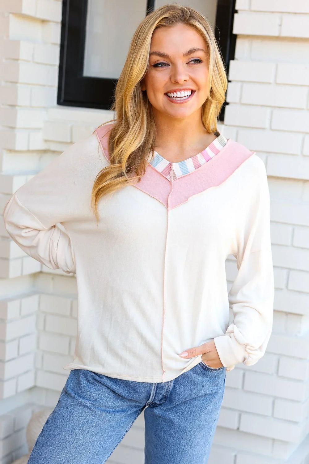Champagne & Blush Rainbow Stripe Rib Chevron Top - Coeur de la Mode