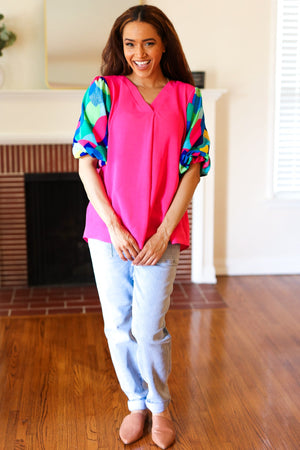 Tell Your Story Fuchsia Geo Print Puff Sleeve V Neck Top - Coeur de la Mode