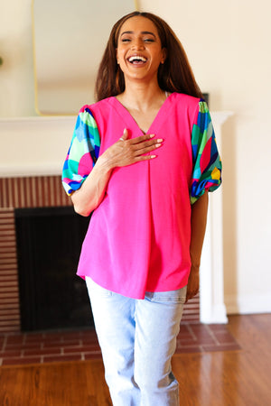 Tell Your Story Fuchsia Geo Print Puff Sleeve V Neck Top - Coeur de la Mode