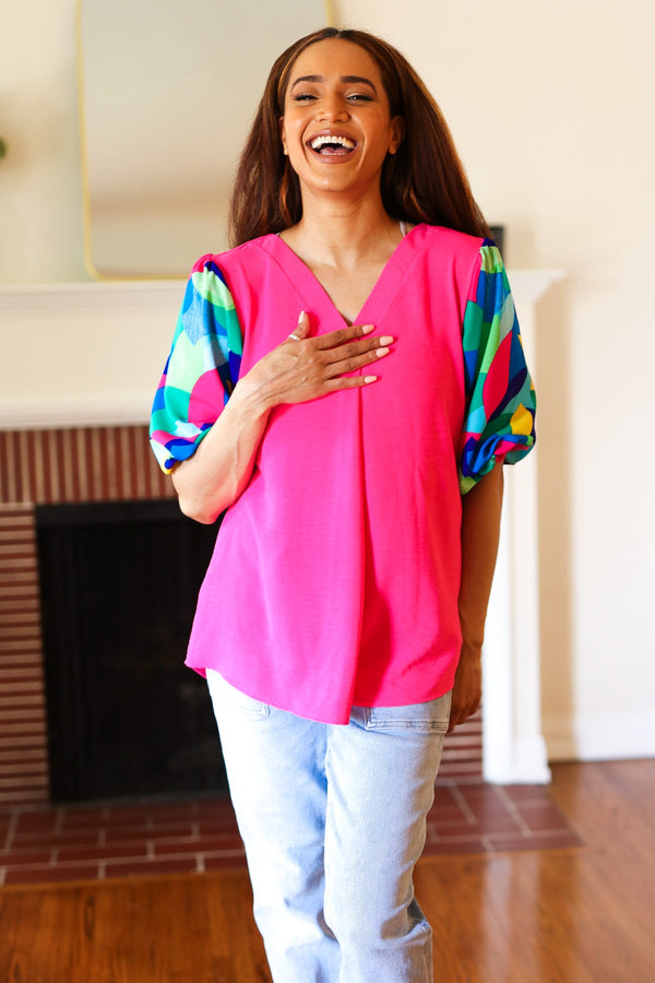 Tell Your Story Fuchsia Geo Print Puff Sleeve V Neck Top - Coeur de la Mode
