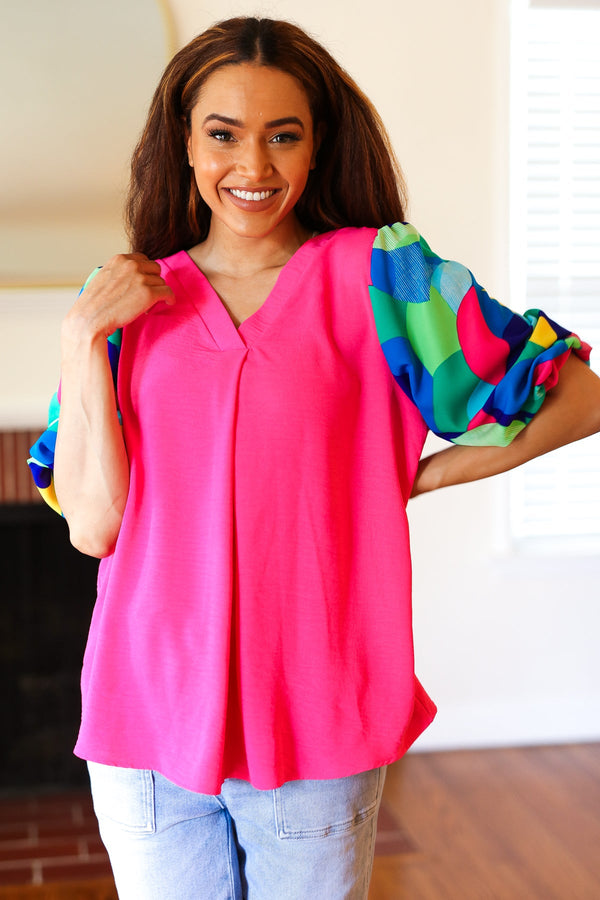 Tell Your Story Fuchsia Geo Print Puff Sleeve V Neck Top - Coeur de la Mode