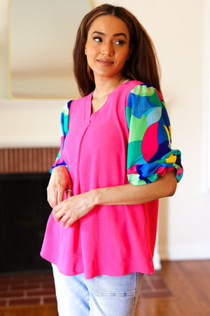 Tell Your Story Fuchsia Geo Print Puff Sleeve V Neck Top - Coeur de la Mode