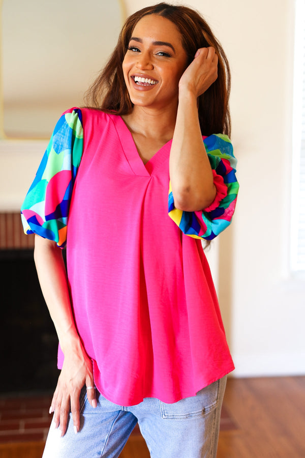 Tell Your Story Fuchsia Geo Print Puff Sleeve V Neck Top - Coeur de la Mode
