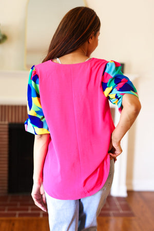 Tell Your Story Fuchsia Geo Print Puff Sleeve V Neck Top - Coeur de la Mode