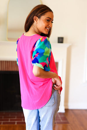 Tell Your Story Fuchsia Geo Print Puff Sleeve V Neck Top - Coeur de la Mode