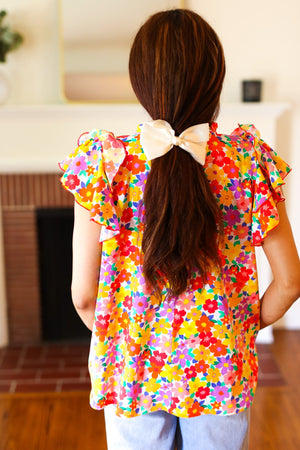 Flower Power Ivory & Red Floral Mock Neck Flutter Sleeve Top - Coeur de la Mode