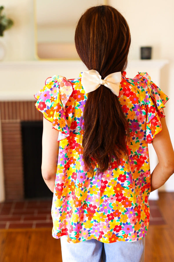 Flower Power Ivory & Red Floral Mock Neck Flutter Sleeve Top - Coeur de la Mode