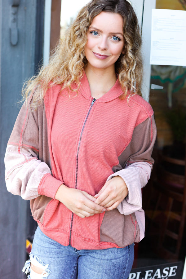Boldy You Camel Dolman Sleeve Colorblock Knit Bomber Jacket - Coeur de la Mode