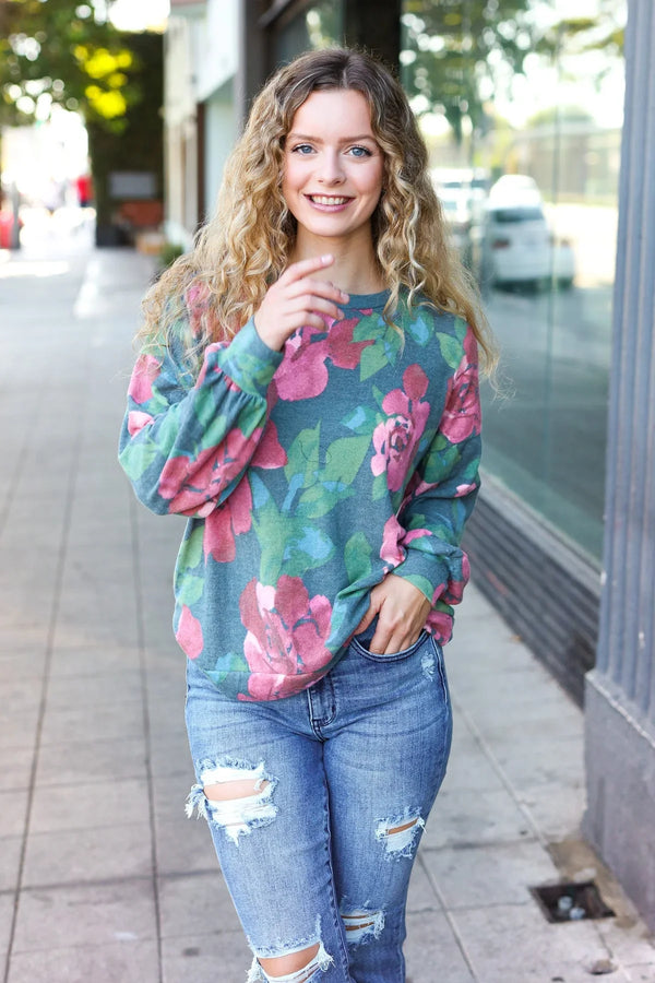 Everyday Hunter Green Floral Brushed Hacci Sweater Top - Coeur de la Mode