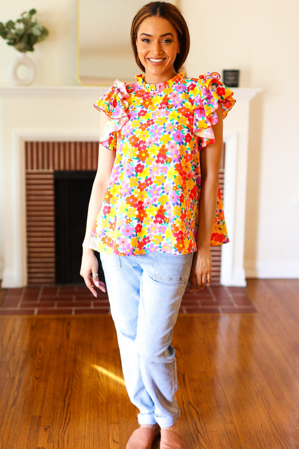 Flower Power Ivory & Red Floral Mock Neck Flutter Sleeve Top - Coeur de la Mode