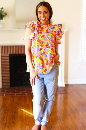 Flower Power Ivory & Red Floral Mock Neck Flutter Sleeve Top - Coeur de la Mode