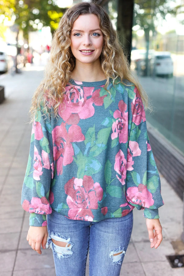 Everyday Hunter Green Floral Brushed Hacci Sweater Top - Coeur de la Mode