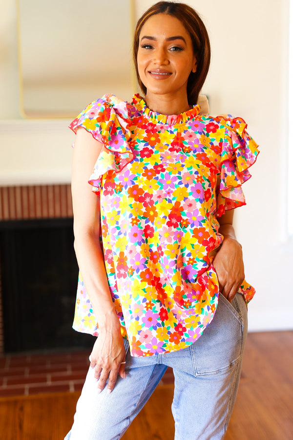 Flower Power Ivory & Red Floral Mock Neck Flutter Sleeve Top - Coeur de la Mode