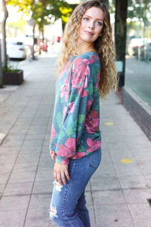 Everyday Hunter Green Floral Brushed Hacci Sweater Top - Coeur de la Mode